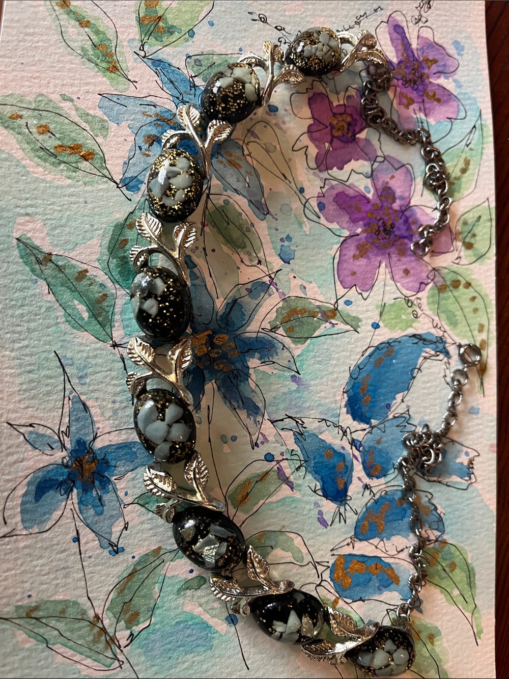 Silver Leaf Black & White Mosaic Bead Necklace
